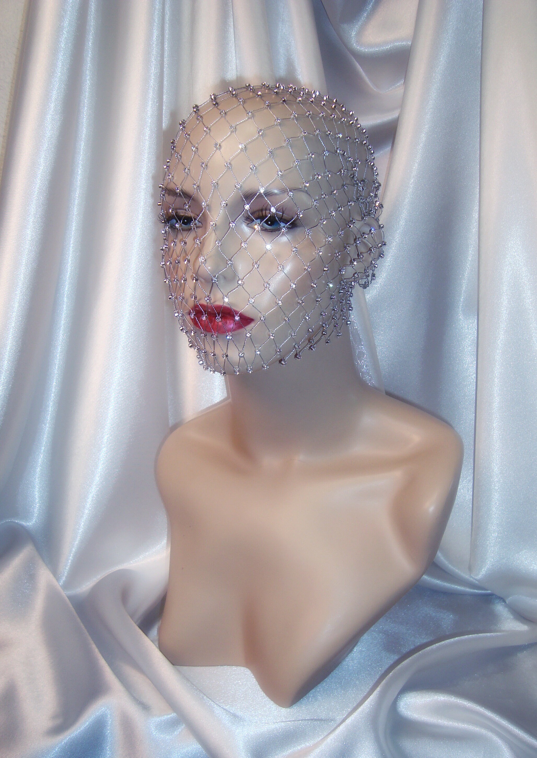 Rhinestone Full Face Mask, Glass and Silver Mesh Birdcage