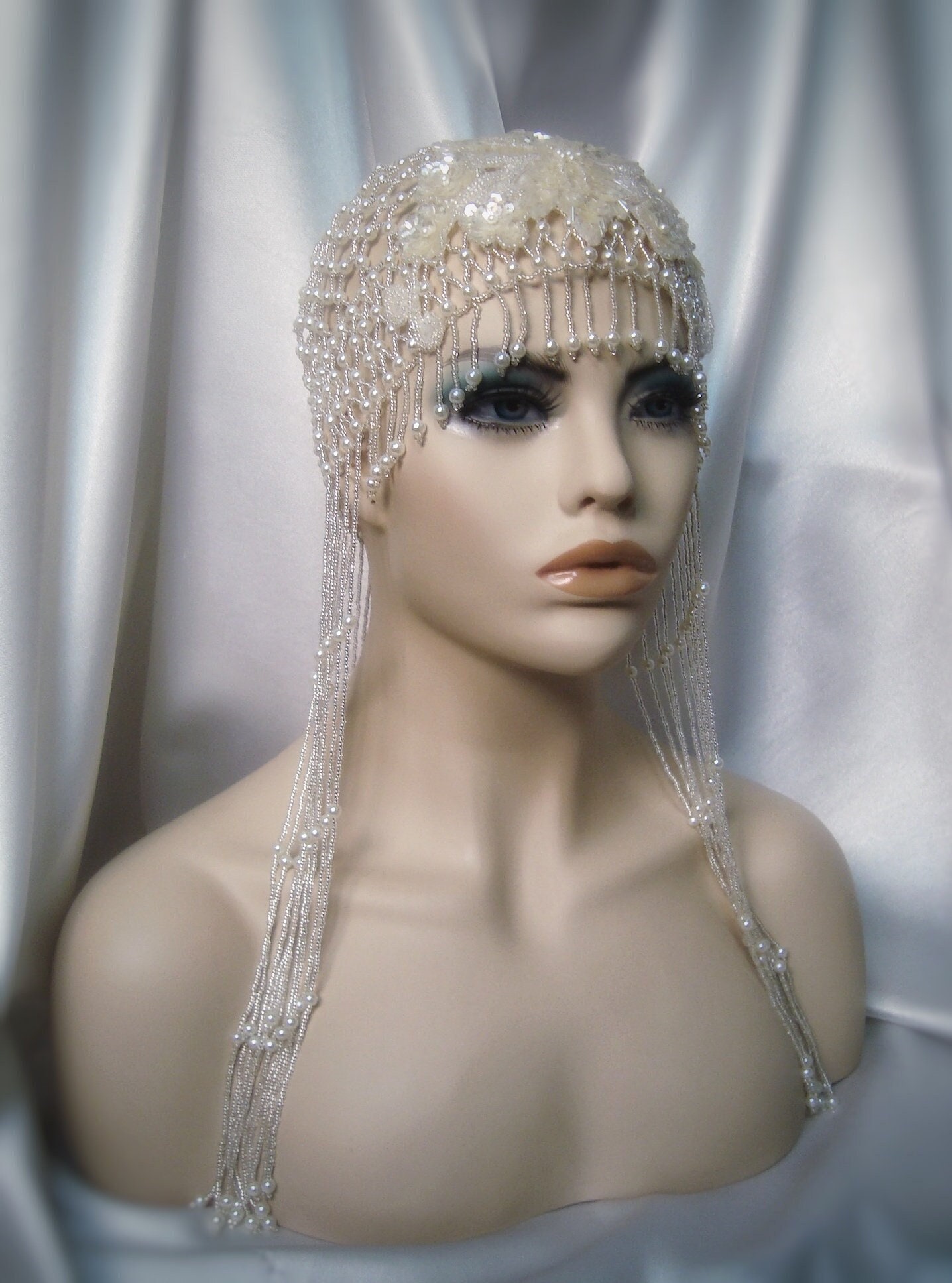 Handmade Beaded 1920\'s Inspired Headpiece White OS Shop 1920s Headpieces - Beaded Dangle Headband | BABEYOND main image 3