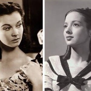 May include: Two black and white photographs of women with similar hairstyles. The women are wearing different dresses. The woman on the left is wearing a dress with a lace bodice and a ruffled skirt. The woman on the right is wearing a dress with a sailor collar and a bow.