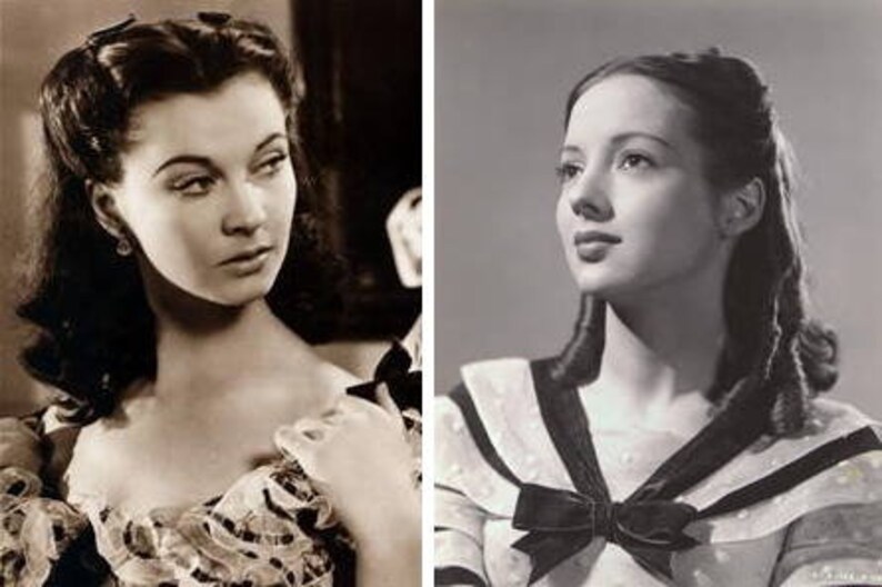 May include: Two black and white photographs of women with similar hairstyles. The women are wearing different dresses. The woman on the left is wearing a dress with a lace bodice and a ruffled skirt. The woman on the right is wearing a dress with a sailor collar and a bow.