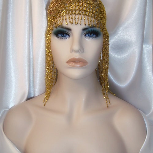 Gatsby Headpiece, 1920s Headpiece, Gold Bead and Sequin Juliet Cap, Flapper Headpiece