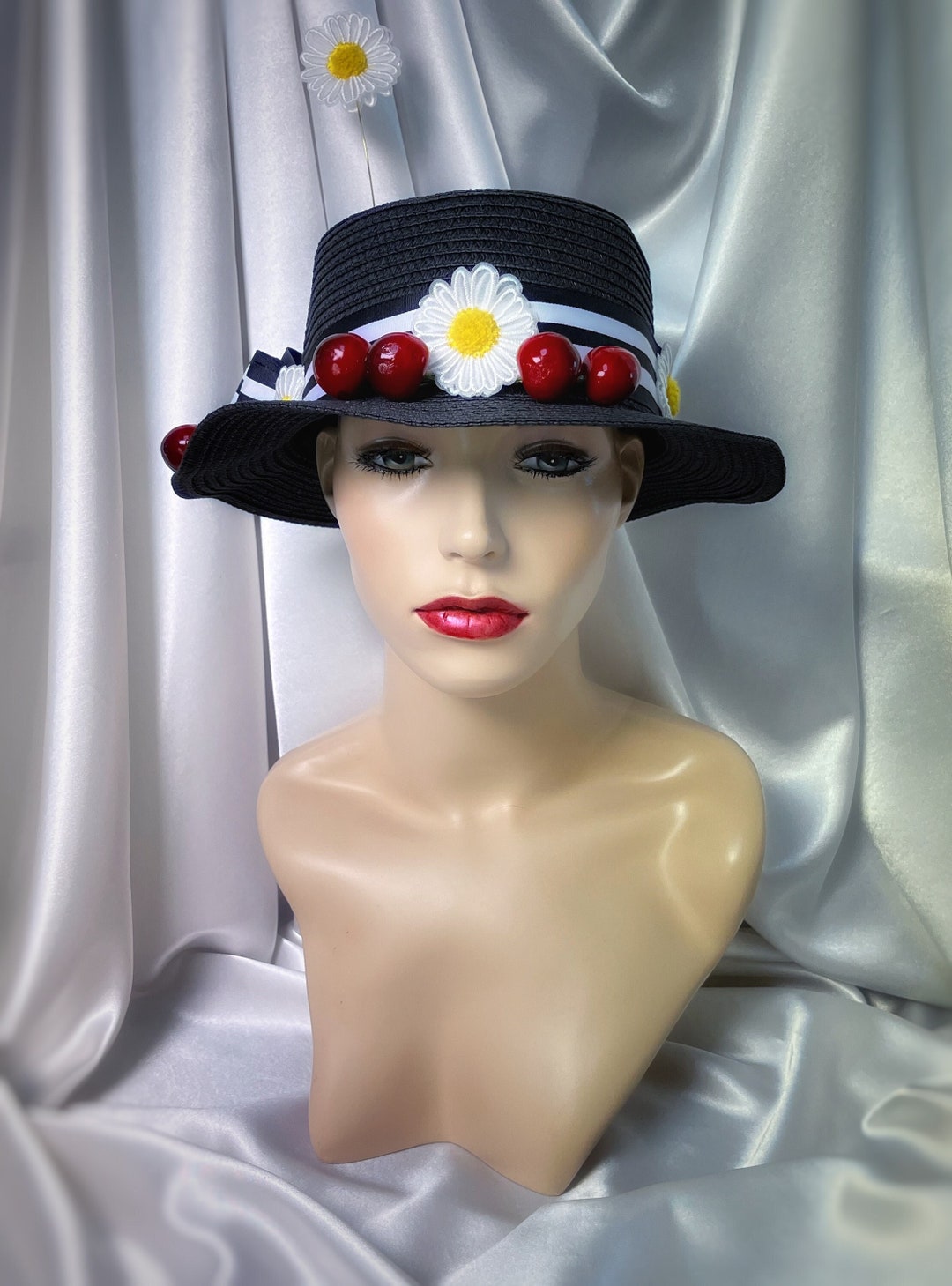 Mary Poppins Hat, Mary Poppins Costume, Black Straw Hat, Boater