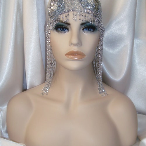 Gatsby Headpiece, 1920s Headpiece, Silver Bead and Sequin Juliet Cap, Flapper Headpiece