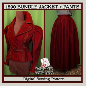 Puede incluir: Un conjunto de chaqueta y falda rojas, con el texto "1890 BUNDLE JACKET + PANTS" en la parte superior. La chaqueta tiene bordados dorados y una cintura entallada. La falda es de estilo largo y fluido. La imagen también incluye el texto "Digital Sewing Pattern".