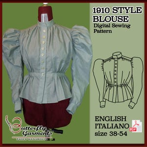Peut inclure: Un chemisier vert clair avec de longues manches bouffantes, un col haut et une fermeture boutonnée sur le devant. Le texte indique 1910 STYLE BLOUSE Digital Sewing Pattern, ENGLISH ITALIANO, size 38-54. Un dessin au trait du chemisier est inclus.