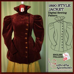 Puede incluir: Chaqueta de terciopelo burdeos estilo 1890 con cuello alto y mangas abullonadas. La chaqueta tiene botones dorados y se muestra en un maniquí. La imagen también incluye un patrón de costura digital y el texto "1890 STYLE JACKET".