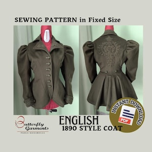 1890年代のビクトリア朝のコートの型紙、ベルエポックのエドワード朝のジャケットMサイズ、歴史的な衣装のPDF型紙、再現＆コスプレのデジタルダウンロード