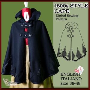 Può includere: Un mantello nero in stile anni '90 con colletto alto e bottoni decorativi. Il mantello presenta inserti in pelle e un modello di cucito digitale. L'immagine include il testo "1890s STYLE CAPE Digital Sewing Pattern".