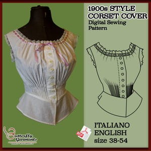 May include: A white 1900s style corset cover digital sewing pattern featuring a button-down front, gathered waist, and lace trim at the neckline. The garment includes a pink ribbon tie at the collar. Text reads 1900s STYLE CORSET COVER Digital Sewing Pattern.