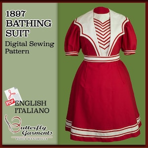 May include: Digital sewing pattern for an 1897 bathing suit. The vintage design features a red dress with white trim on the collar, sleeves, and hem. The bodice has a white inset with red chevron detailing. The pattern includes English and Italian instructions.