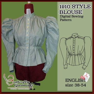 Può includere: Una camicetta verde chiaro con maniche lunghe a sbuffo, collo alto e chiusura frontale con bottoni. La camicetta è esposta su un manichino. Il testo sull'immagine recita 1910 STYLE BLOUSE Digital Sewing Pattern, ENGLISH, size 38-54.