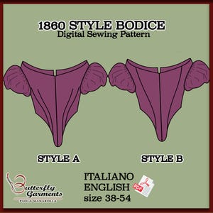 Könnte beinhalten: Ein digitales Schnittmuster für ein Mieder im Stil von 1860 mit zwei Varianten, Style A und Style B. Die Abbildung zeigt violette Mieder mit Puffärmeln und spitz zulaufender Taille. Der Text umfasst 1860 STYLE BODICE, Digital Sewing Pattern, size 38-54 und Butterfly Garments.
