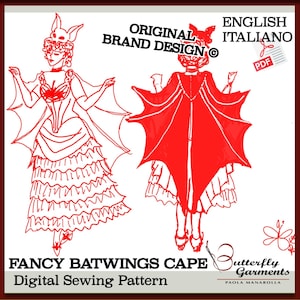 Peut inclure: Un patron de couture numérique pour une cape fantaisie à ailes de chauve-souris. Le design présente deux illustrations rouges d'une personne portant une cape à ailes de chauve-souris, avec une jupe à volants et une coiffe sur le thème de la chauve-souris.
