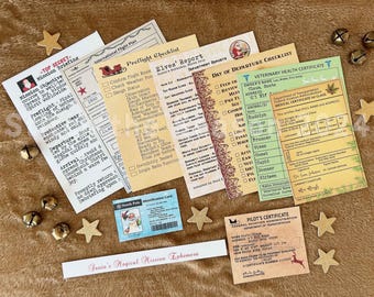 Puede incluir: Una colección de documentos imprimibles con temática navideña, que incluyen una sesión informativa de la misión, un plan de vuelo, una lista de verificación, un informe y un certificado de salud. Los documentos presentan ilustraciones y texto festivos, como "Top Secret", "Informe de los elfos" y "Certificado de piloto".
