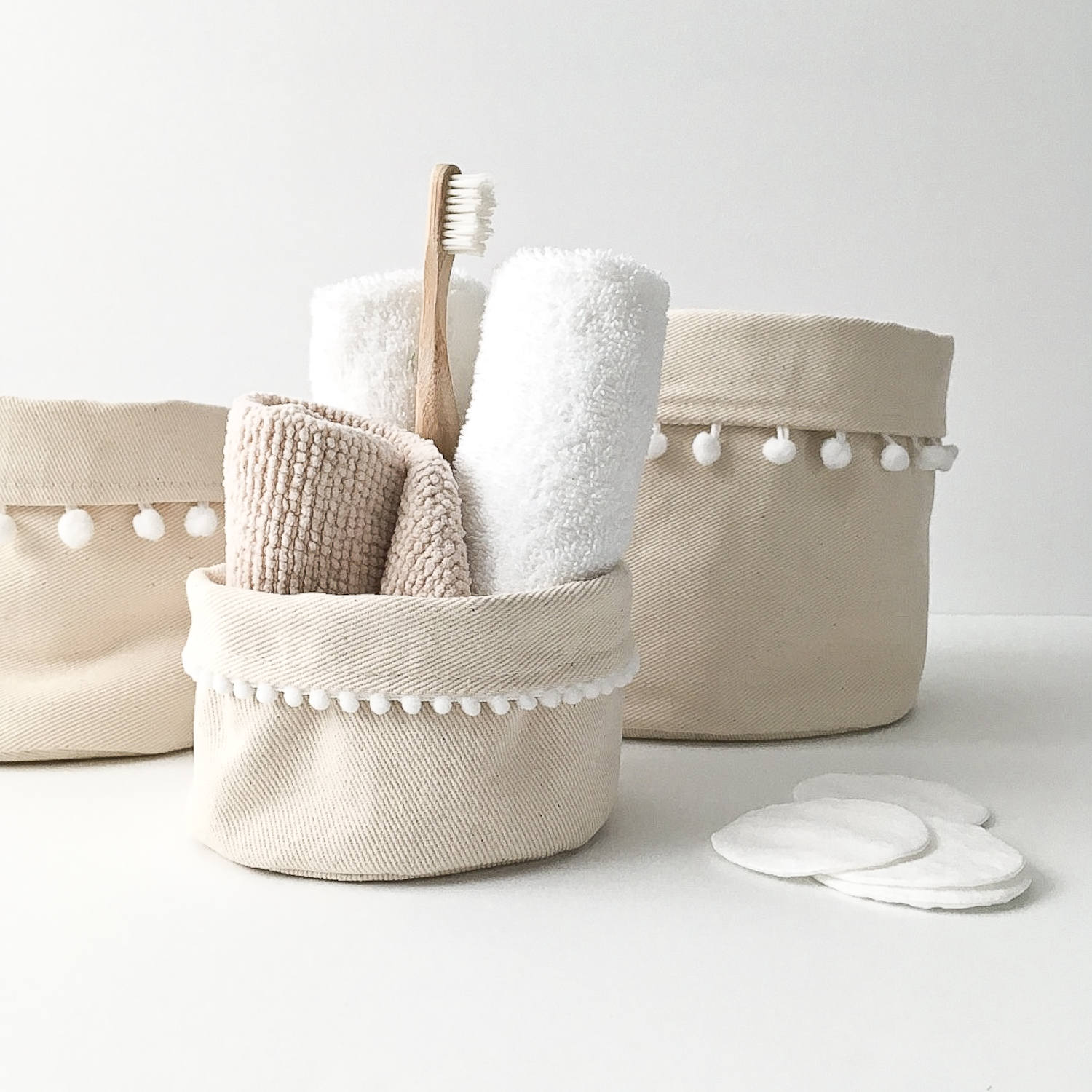 Trio Paniers Pompons/Décorationboho Paniers de Rangement Décoratifs Format Mini, Petit & Moyen Coton