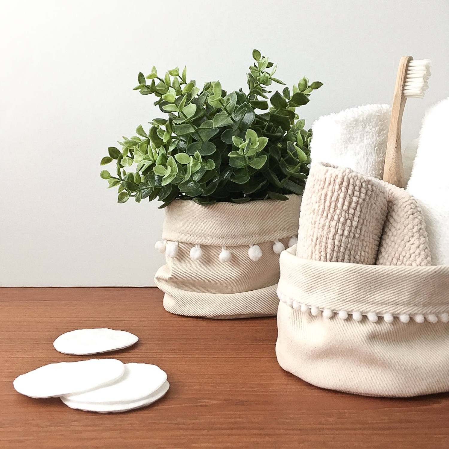 Duo Paniers Pompons/Décoration Boho Naturel Paniers de Rangement Décoratifs Format Mini + Petit Coto