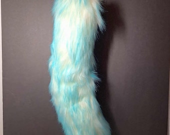 Cola de piel sintética blanca con punta azul, Cosplay, Therian, Fursona