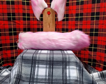 Blanco con orejas y cola de piel sintética con puntas rosas, Cosplay, Therian, Fursona