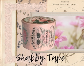 1- 35 mm shabby washi tape , floral, blush pink, script, for journals, planners, stationary, gift