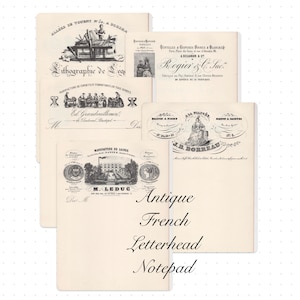 Libreta de notas con membrete antiguo francés - efímeras antiguas para revistas basura París, Francia 5 páginas, todos con membrete diferente, simplemente hermoso