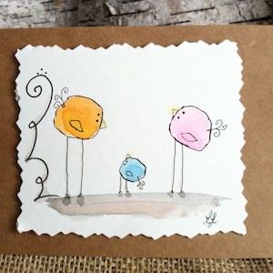 Cartes de correspondance fantaisistes faites à la main avec des oiseaux aquarelles BLANK - Lot de 4