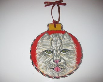 PERSIAN CAT ORNAMENT Handmade Hand Painted Wood Cat Art Ornament With Trims.