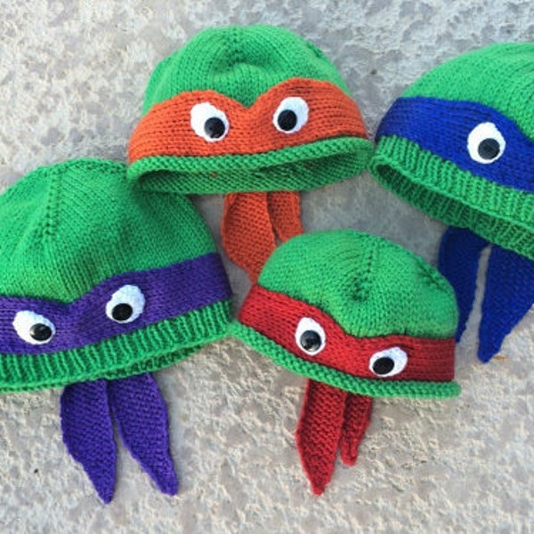 Hand-knit teenage mutant ninja turtle hat with ribbed or rolled bottom edge.  COWABUNGA!