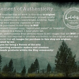 May include: A statement of authenticity for artwork sold in an Etsy shop. The text explains that all artwork is original and printed locally. The text also states that the artwork is not a reproduction or a snapshot. The image features a forest scene with pine trees.