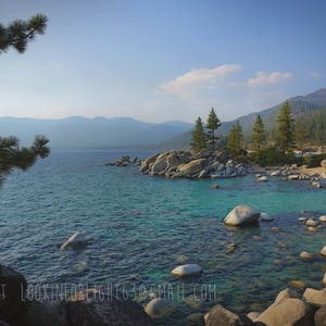 May include: A scenic view of a lake with a rocky shoreline and a forest of pine trees in the background. The water is a vibrant turquoise blue and the sky is a clear blue.