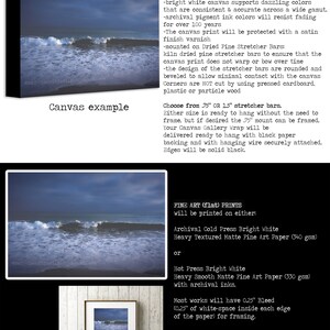 May include: A canvas print of ocean waves crashing on a beach. The print is mounted on a wooden stretcher bar and is ready to hang. The print is available in two sizes: 7.5 inches or 15 inches. The print is also available in two paper types: archival cold press bright white heavy textured matte fine art paper or hot press bright white heavy smooth matte fine art paper.