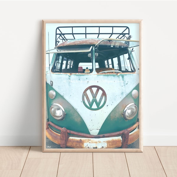 VW Beach Van | Old Volkswagen | Vintage Camper | Retro Bus Wall Decor | California Coastal | VW Bus Art | Rustic Green Photo | Digital File