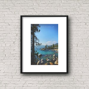 May include: A framed photograph of a scenic lake with a rocky shoreline and a pine tree in the foreground. The water is a vibrant blue and the sky is a clear blue. The photo is framed in a black frame.