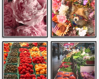 Pikes Place Market | Seattle Prints | Fruit Vegetable Art | Flower Photo | CANVAS Photo set | Kitchen Decor | Culinary Print | Garden View