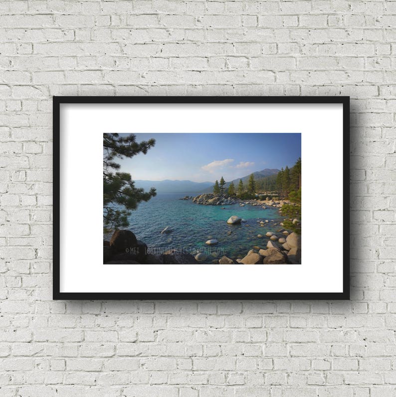 May include: A framed photograph of a scenic lake with a rocky shoreline and a pine tree in the foreground. The water is a vibrant blue and the sky is a clear blue with a few white clouds. The mountains in the distance are covered in trees.