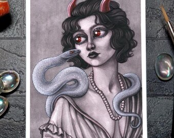Snake Demon A5 Dark Art Print, Creepy Cute Girl Portrait, Spooky Pastel Goth Decor Poster, Handmade Illustration, Occult Satanist Painting