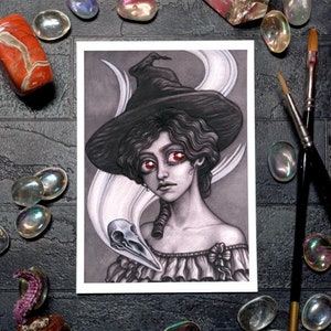 Corvo strega strana pittura ad acquerello, stampa d'arte oscura Surrealismo, poster occulto, fantasia spettrale illustrazione regalo Goth, ritratto horror pop