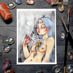 Dipinto di ragazza demone ratto, stampa artistica oscura, poster occulto surreale, illustrazione da parete fantasy, regalo gotico stregonesco, strano orrore pastello spettrale