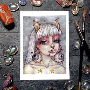 Gruseliges süßes Porträt-Aquarellgemälde, dunkler Kunstdruck, Surrealismus-Poster, gruselige Fantasy-Illustration, Goth-Geschenk, Pop-Horror-Seltsame Augen