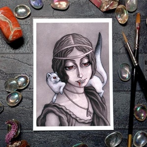 Weasel Vampire Strano dipinto ad acquerello, Stampa artistica oscura Surrealismo Occulto Poster, Fantasia spettrale Illustrazione Goth Regalo, Ritratto horror
