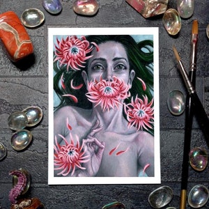 Strana donna fiori occhi pittura, stampa d'arte scura Pop Surreal Poster Decor, ritratto fantasy spettrale, regalo gotico stregato, illustrazione horror
