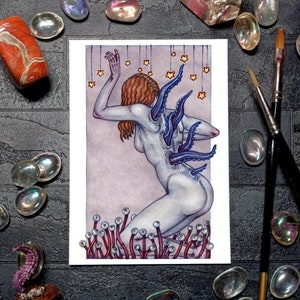 Seltsame Figur Aquarellmalerei, dunkler Kunstdruck surreales Poster, Fantasy Wanddekoration Illustration, Witchy Goth Geschenk Gruselige Horrortentakel