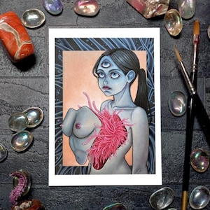 Blue Girl Tentacles Art Print, Creepy Cute Dark Surrealism, Strange Pastel Goth Poster, Handmade Occult Witchy Decor, Feminist Painting Gift