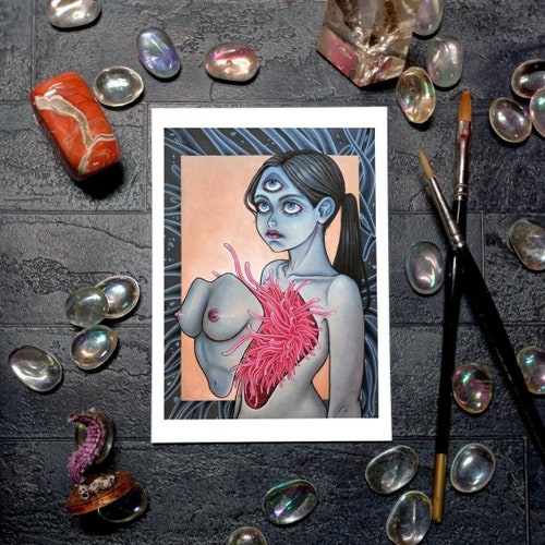 Blue Girl Tentacles Art Print, Creepy Cute Dark Surrealism, Strange Pastel Goth Poster, Handmade Occult Witchy Decor, Feminist Painting Gift