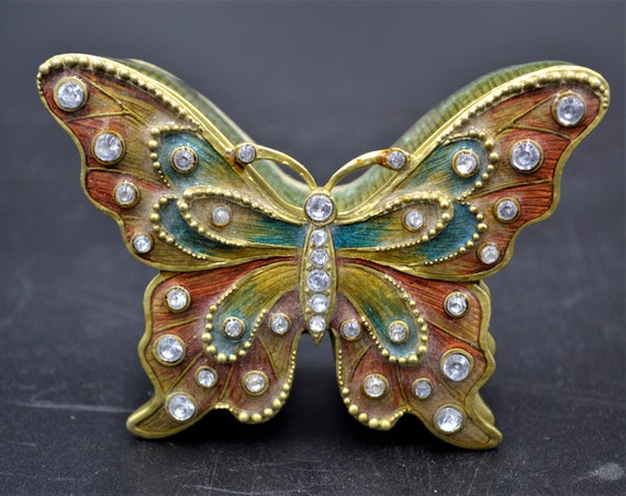 Vintage Enamel and Copper Jeweled Butterfly Trink… - image 1