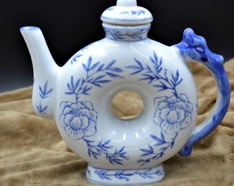 Vintage Chinese Donut Shaped Tea Pot Teapot with a Dragon Handle and Hand Painted Floral Pattern