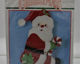 Vintage Bucilla Santa With Candy Cane 18" Diagonal Felt Stocking Kit, Christmas Stocking, Handmade Christmas Stocking Kit