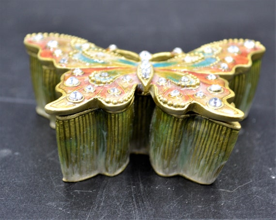 Vintage Enamel and Copper Jeweled Butterfly Trink… - image 4