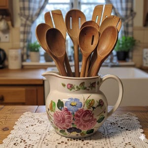 May include: A collection of wooden kitchen utensils, including spoons and spatulas, displayed in a decorative ceramic pitcher. The pitcher features a floral design with pink, blue, and green accents. The utensils are made of light brown wood.