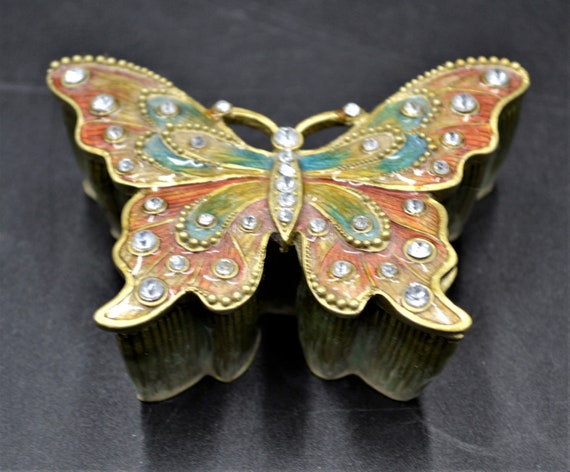 Vintage Enamel and Copper Jeweled Butterfly Trink… - image 2