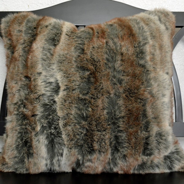 Faux Fur Pillows, Gray Brown Fur Pillow,  Feather Down Pillows, 18 x 18 Decorative Pillow, Throw Pillow Ready to Ship
